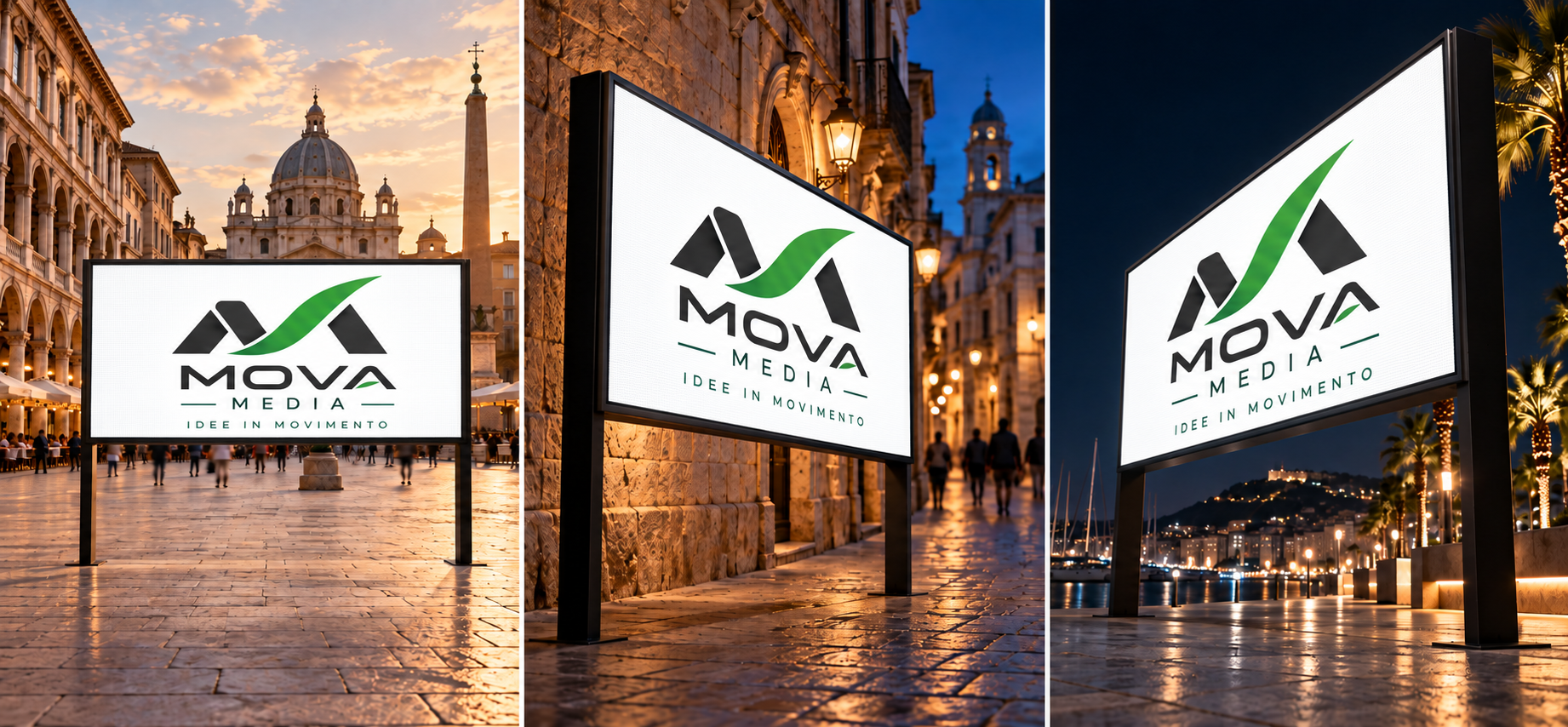 Tre ambientazioni di LED wall con il nuovo logo MOVA MEDIA: piazza al tramonto, centro storico e lungomare notturno