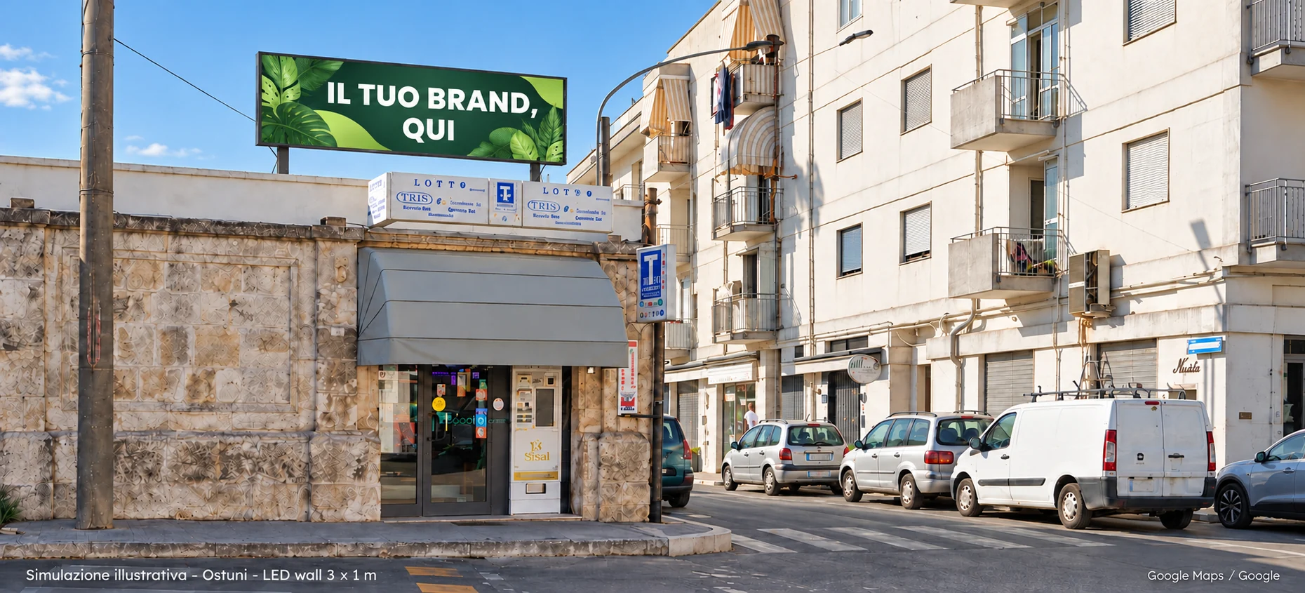 Ostuni: simulazione illustrativa del LED wall con grafica di fantasia